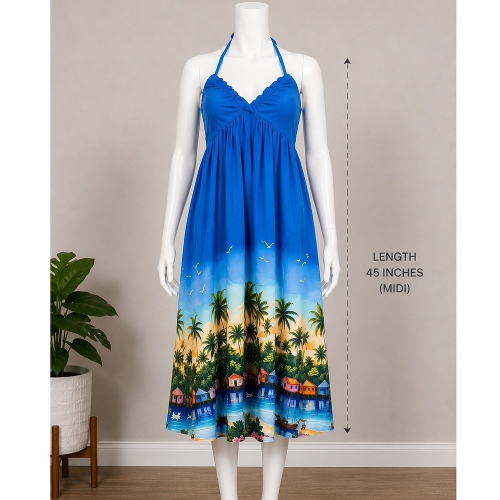 Cupshe Blue Tropical Palm Tree Border Print Halter Maxi Dress Beachy Chic NEW